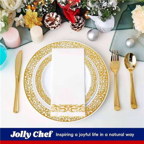 210 Count Gold Plastic Dinnerware, Gold Disposable Plates, Includes: 30 Plates - Picture 4 of 7